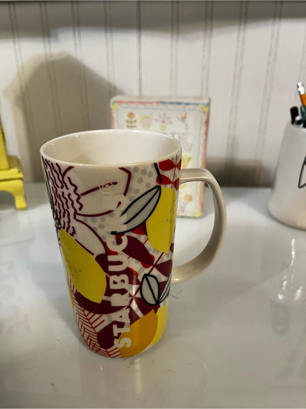 Starbucks Yellow & Maroon Floral Logo Mug taller size